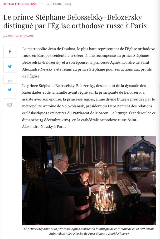 Paris. Le prince Stéphane Belosselsky-Belozersky distingué par l|Église orthodoxe russe à Paris. 2024-12-16